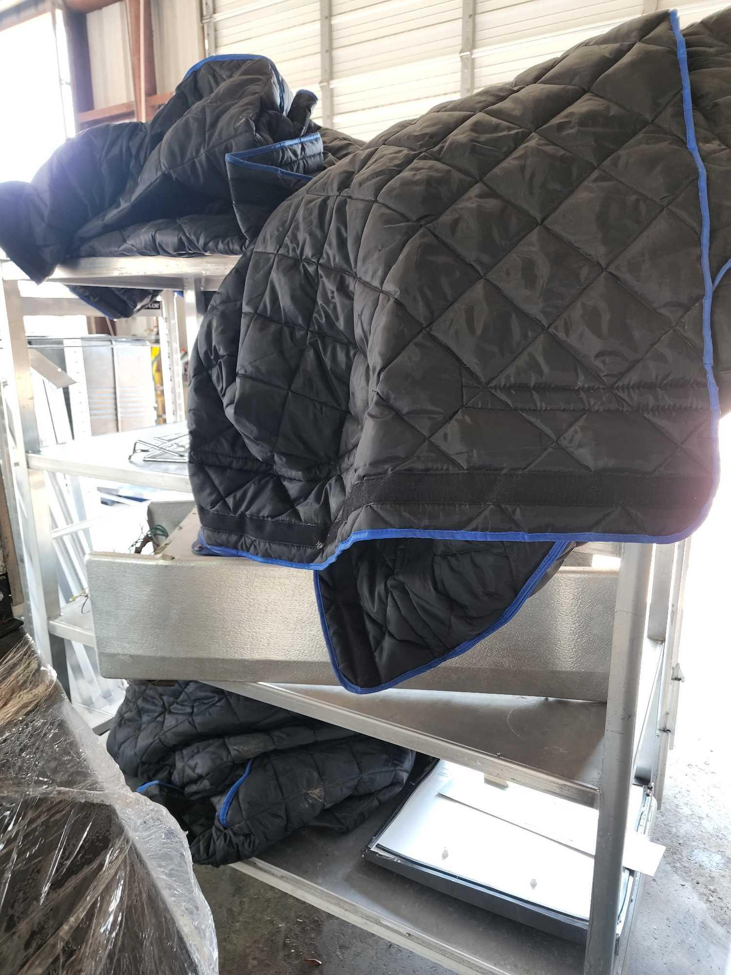 (3) Rolling Chairs, (3) Black Pallet Quilts, Cambro Insulated Pan Carrier, (5) Rolling Racks