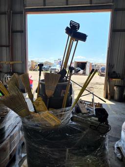 Group of Brooms, Dust Pans, Roll Around Trash Cans, Misc.