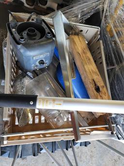 Group of Brooms, Dust Pans, Roll Around Trash Cans, Misc.