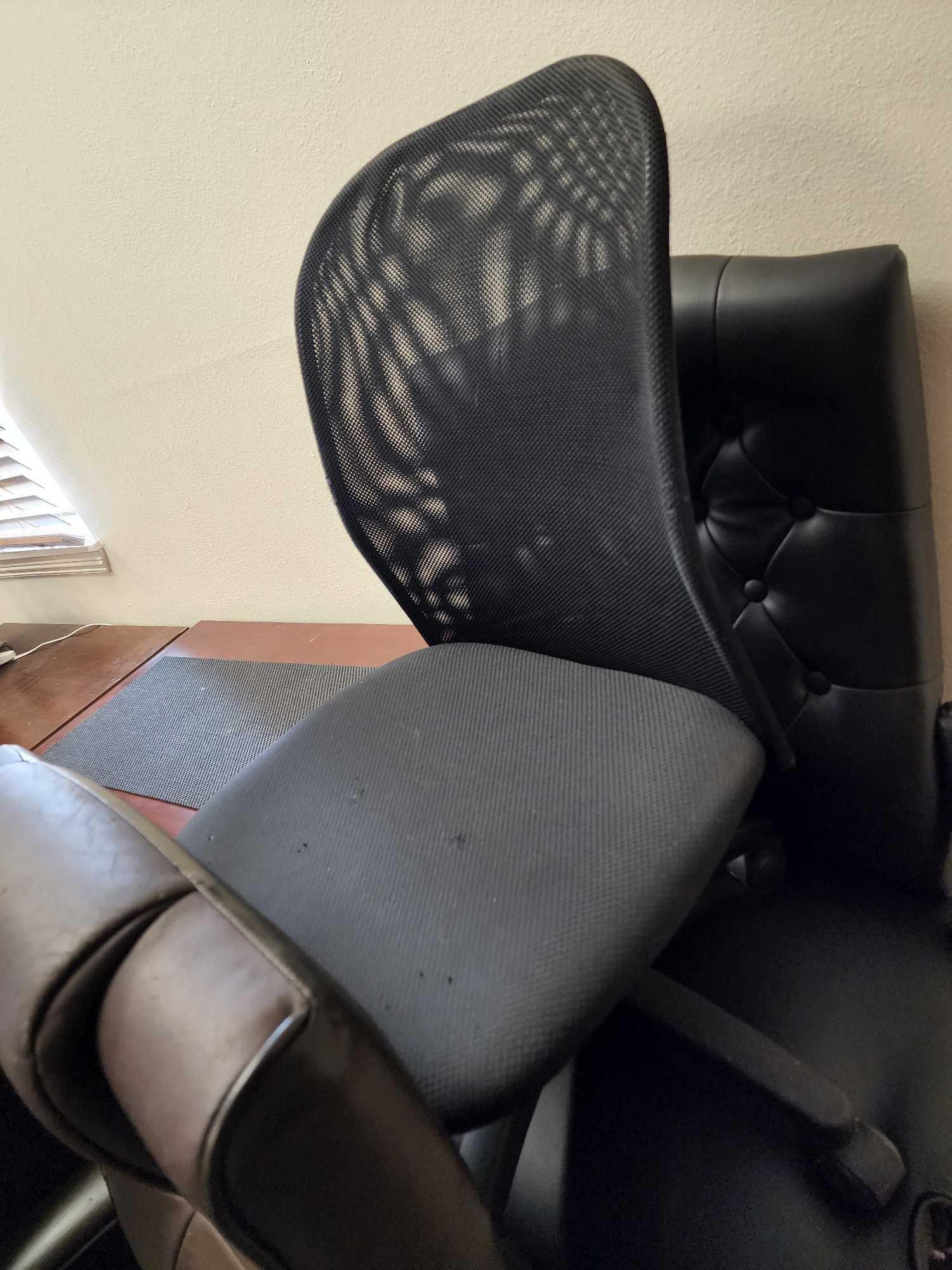 Group of Rolling Chairs, 2 Office Chairs with Neutral Patterns, 1 Wood Coat Rack, 1 Wood Glass Table