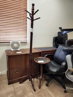 Group of Rolling Chairs, 2 Office Chairs with Neutral Patterns, 1 Wood Coat Rack, 1 Wood Glass Table