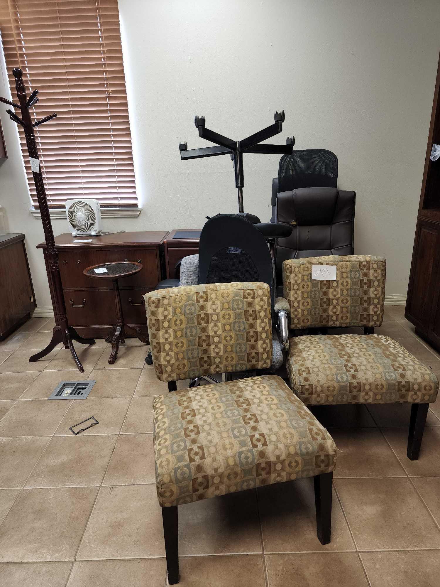 Group of Rolling Chairs, 2 Office Chairs with Neutral Patterns, 1 Wood Coat Rack, 1 Wood Glass Table