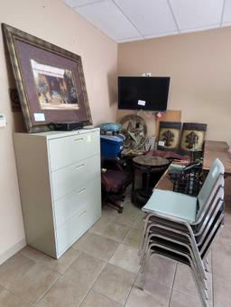 Group of Office Chairs, (1) Rolling Chair, (1) 4 Drawer Metal Filing Cabinet, (1) JVC Flat Screen TV