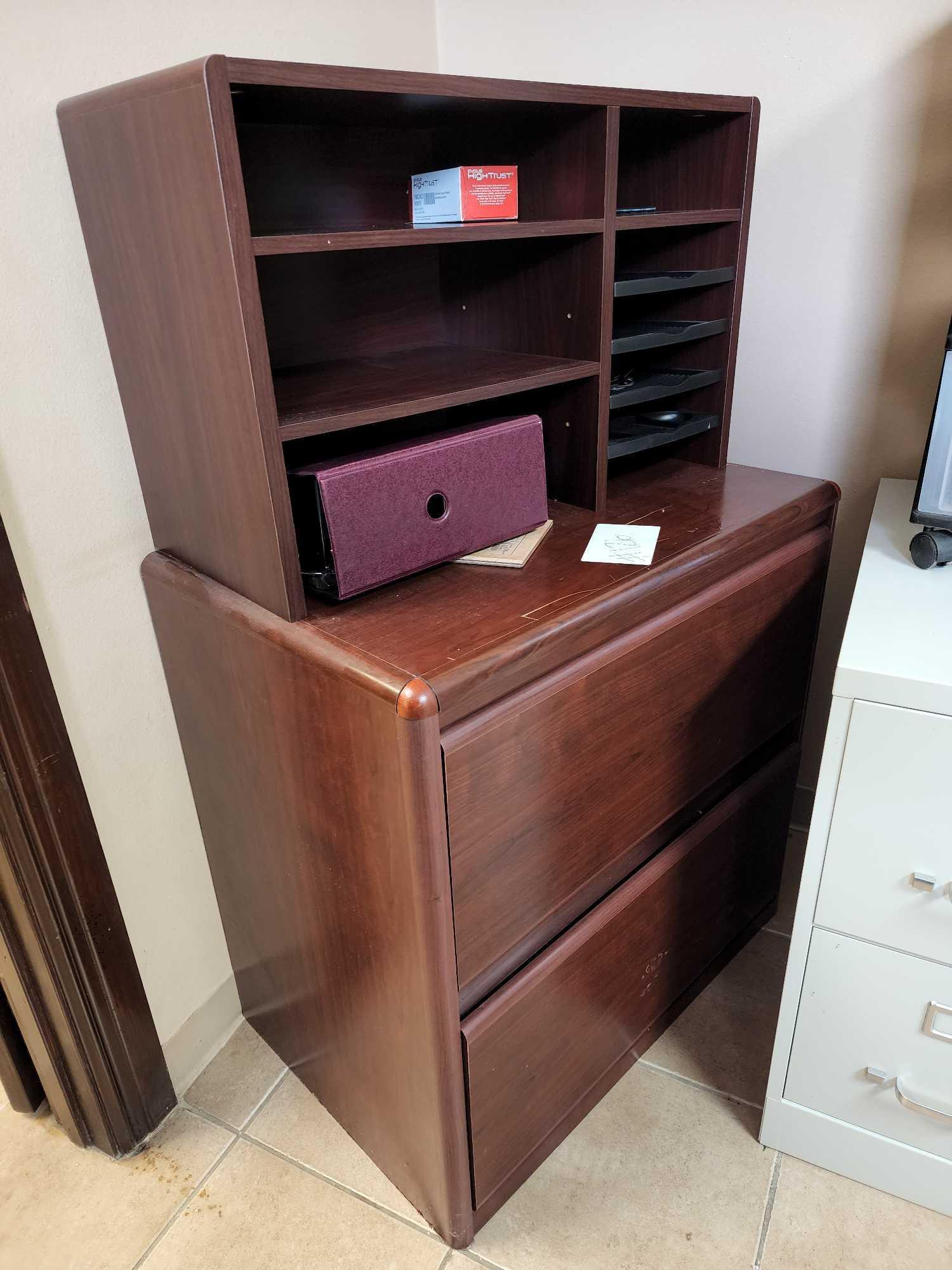 Group of Assorted Filing Cabinets, 2 Door Wood Cabinet with Filing Shelves, Metal, Wood, &