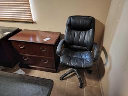 1 Office Desk, 2 Drawer Wood Cabinet & 2 Leather Type Reception Chairs