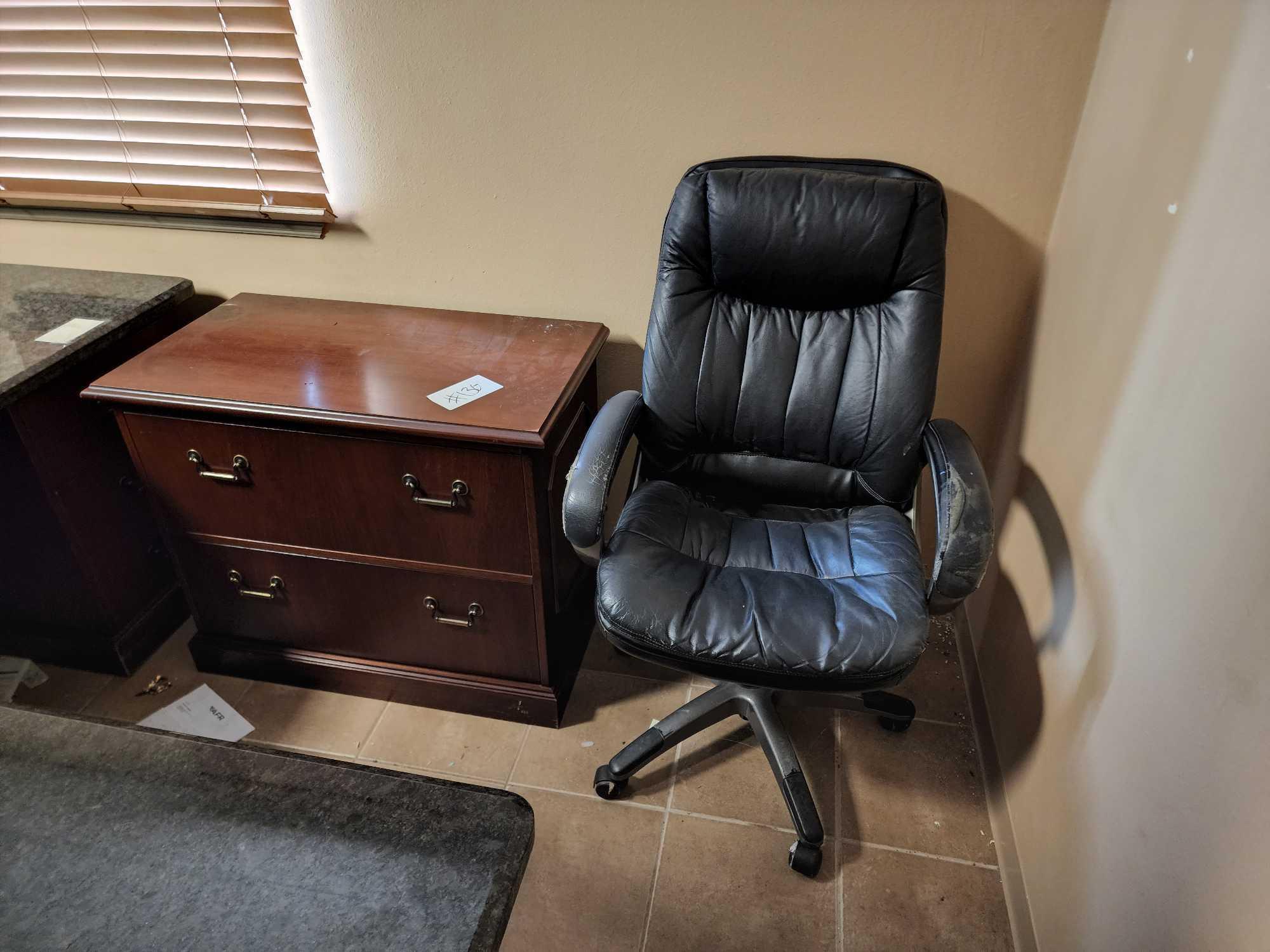 1 Office Desk, 2 Drawer Wood Cabinet & 2 Leather Type Reception Chairs