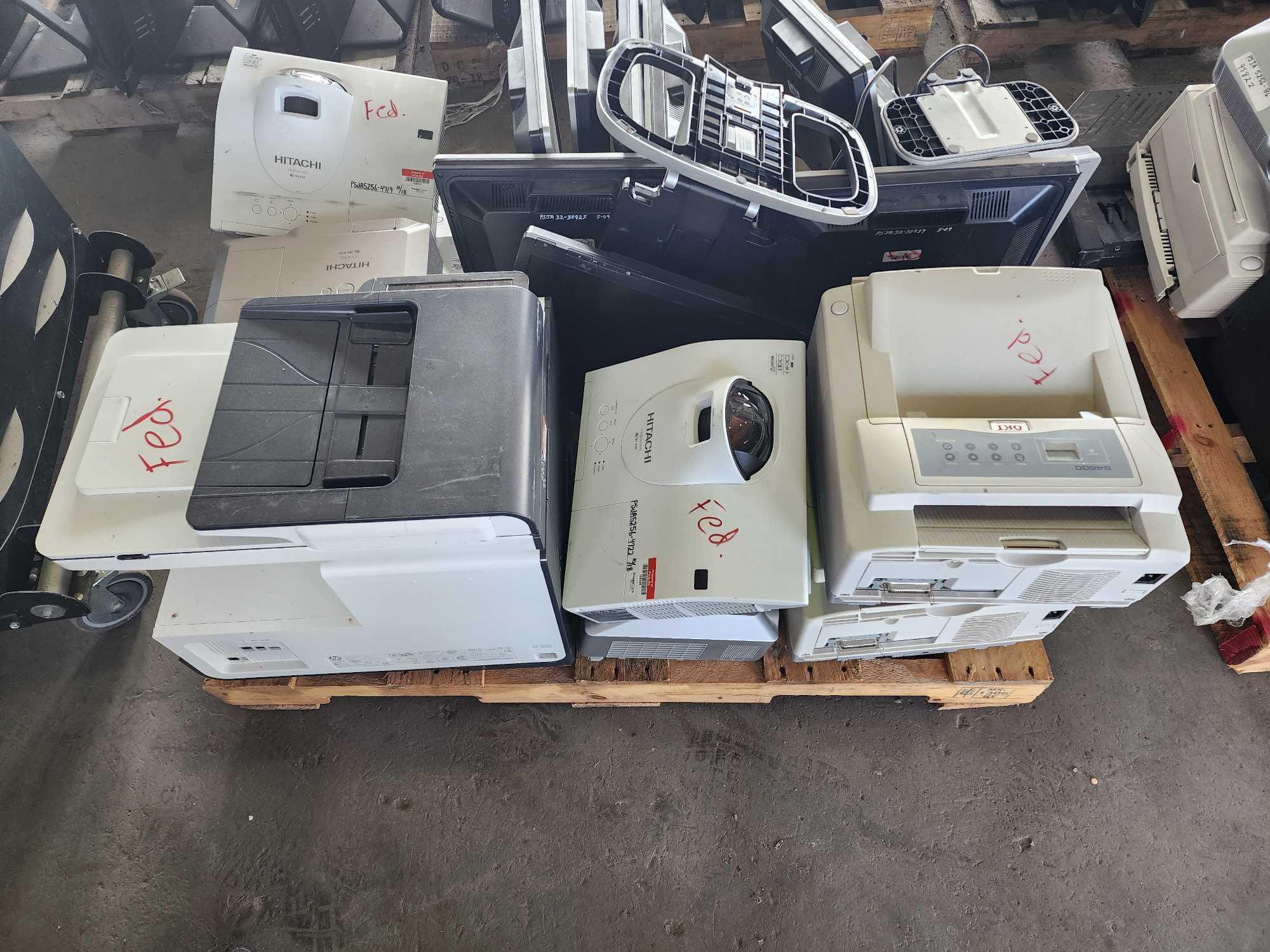 (10) Assorted HP Monitors, Group of Hitachi Projectors, OKI B4600 Printer, HP Printer, Printer