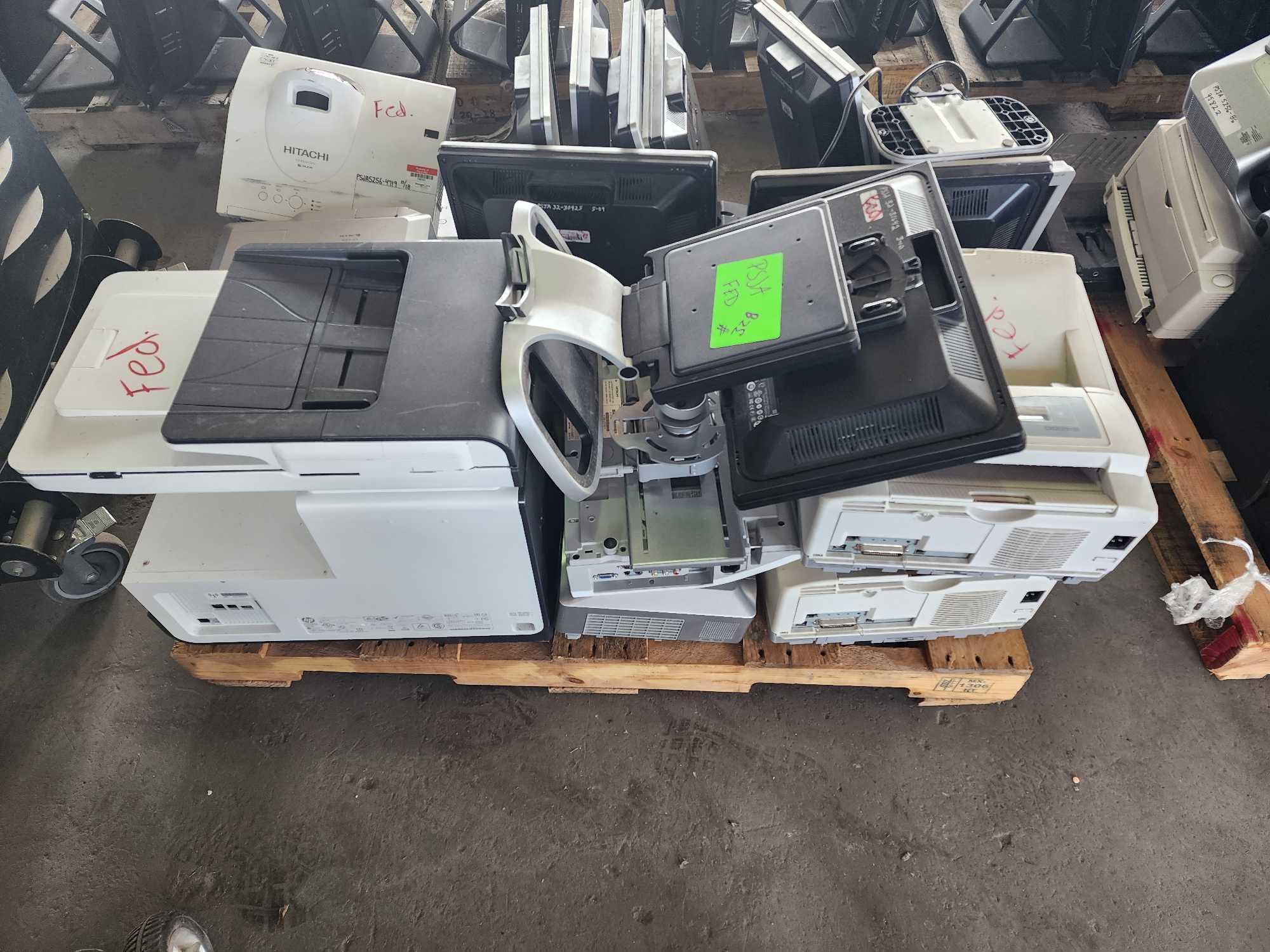 (10) Assorted HP Monitors, Group of Hitachi Projectors, OKI B4600 Printer, HP Printer, Printer