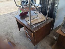 Small Wooden Desk, (2) Student Desks, Cubby Cabinet, White Refrigerator,