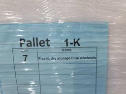 (7) Plastic Dry Storage Bins w, Wheels