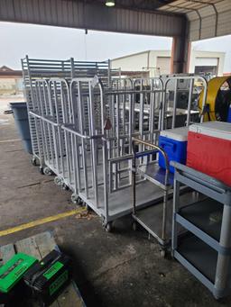 (1) Grey Rolling 3 Shelf All Purpose Plastic Cart, (2) Coleman Ice Chests, (1) Metal Rolling 2 Shelf