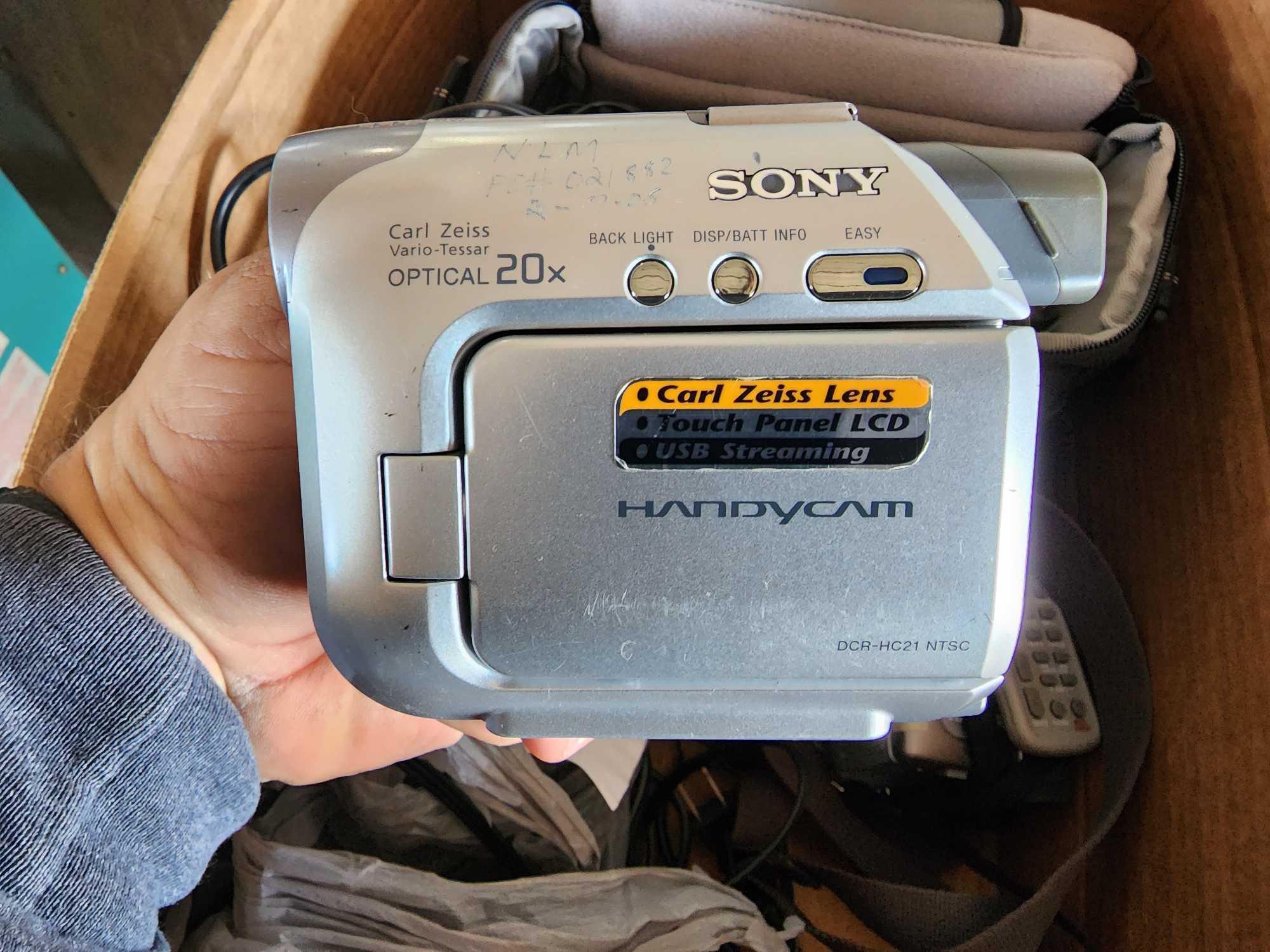 (1) Box of Assorted Camcorders (Canon, Sony, Panasonic)