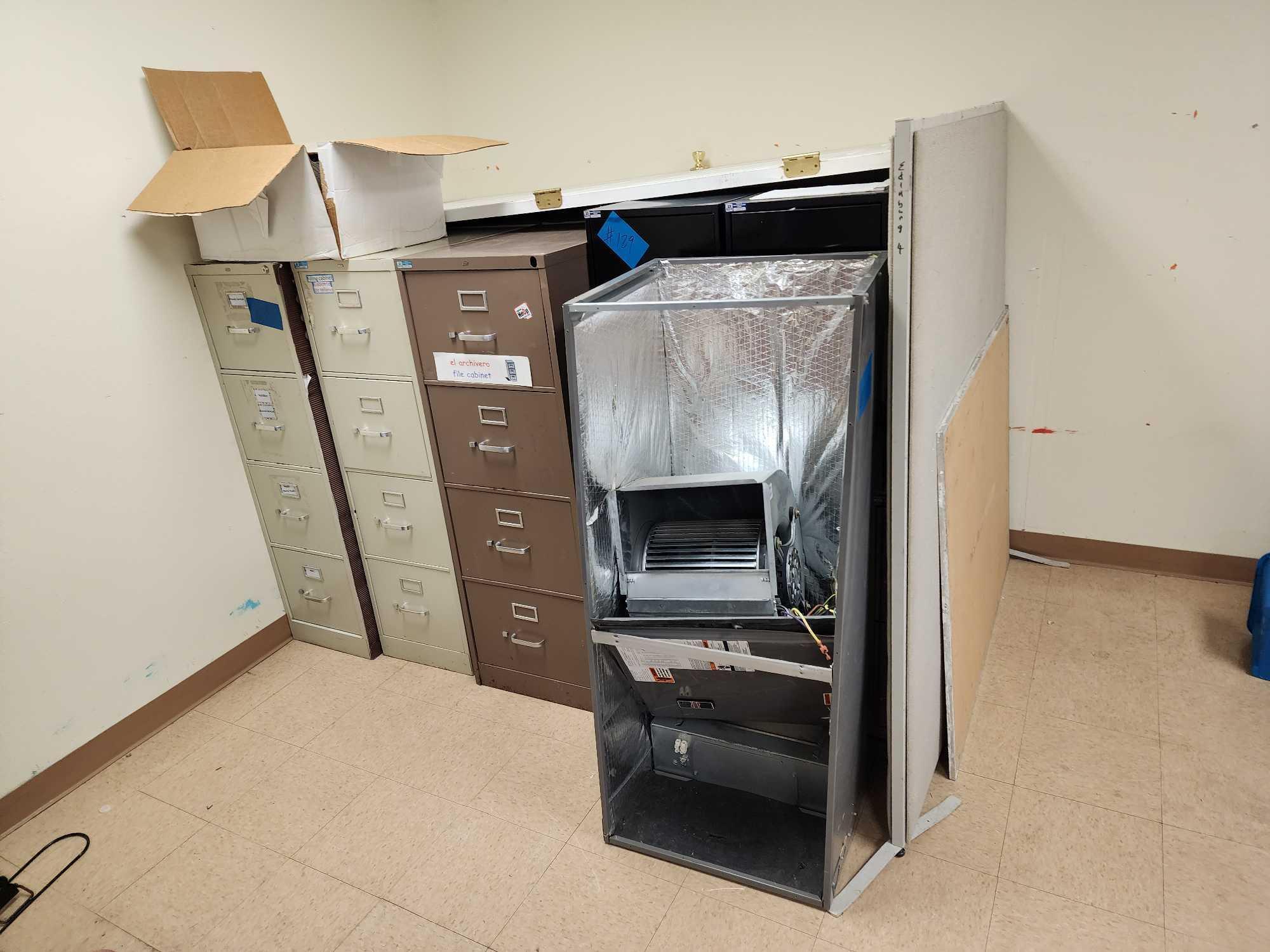 (10) Metal Filing Cabinets, (1) Gray Partition, (1) Cork Board, (1) HVAC Blower, (1) White Door, (1)