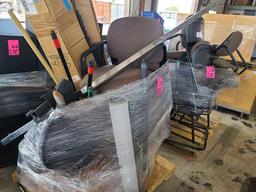 (2 Pallets) of Hon Brown Sled Chairs, (3) Brooms, Black Window Blinds, Misc.