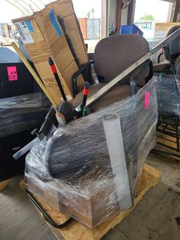 (2 Pallets) of Hon Brown Sled Chairs, (3) Brooms, Black Window Blinds, Misc.