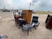 (3) Rolling Chairs, (3) Wooden Chairs w/Cushion, (1) Wooden Desk, (1) Household Refrigerator