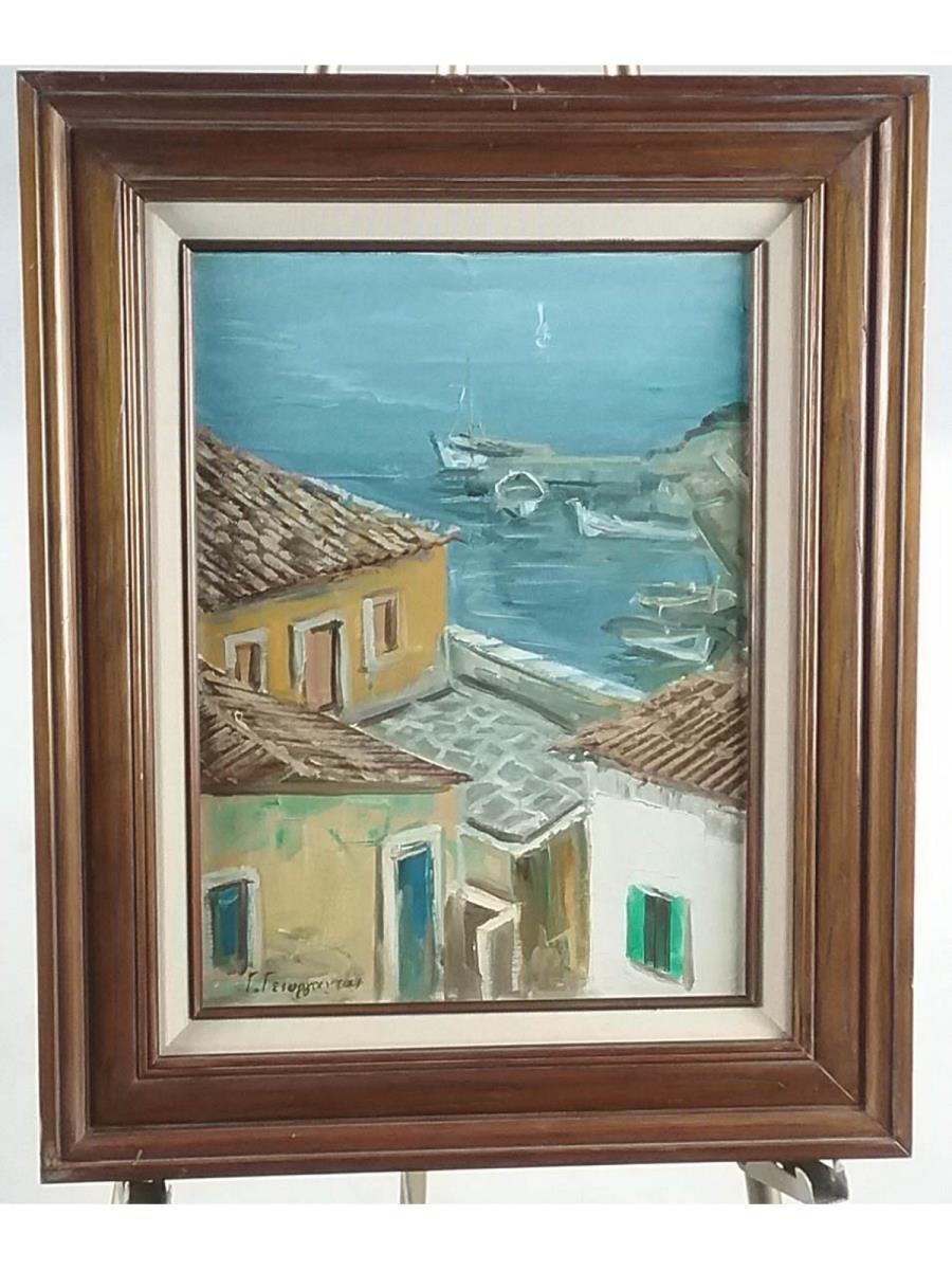 Harbor Scene Framed Oil on Canvas Painting