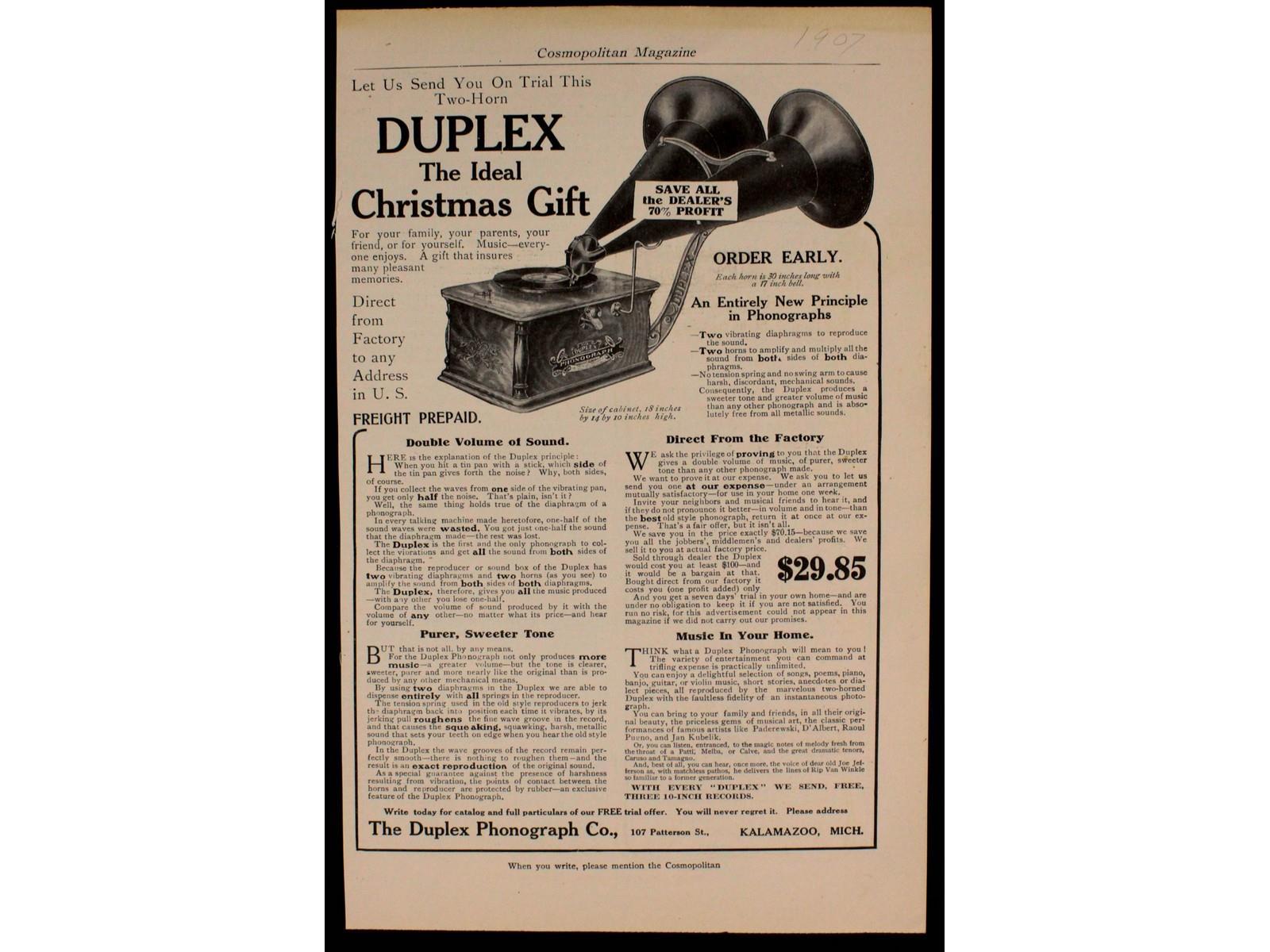 Duplex Phonograph Co. Christmas Advertisement