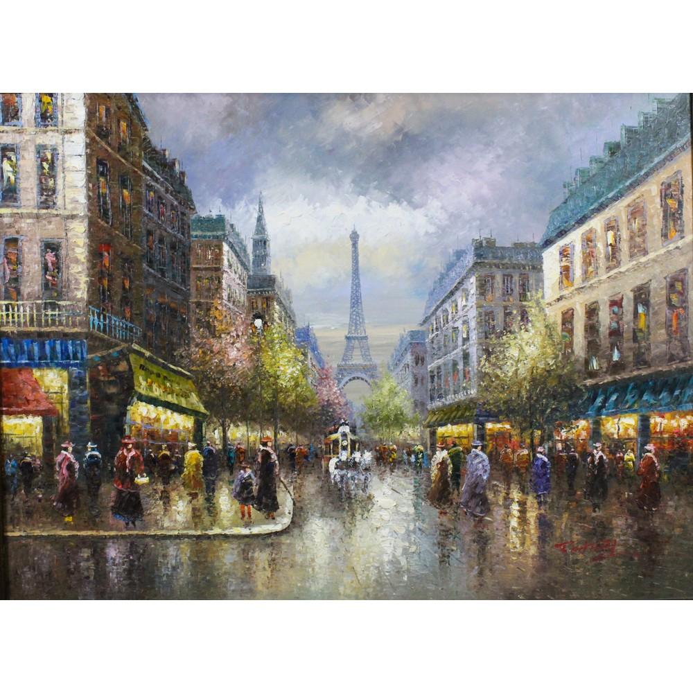 Large Framed Oil Painting of a Paris Street Scene