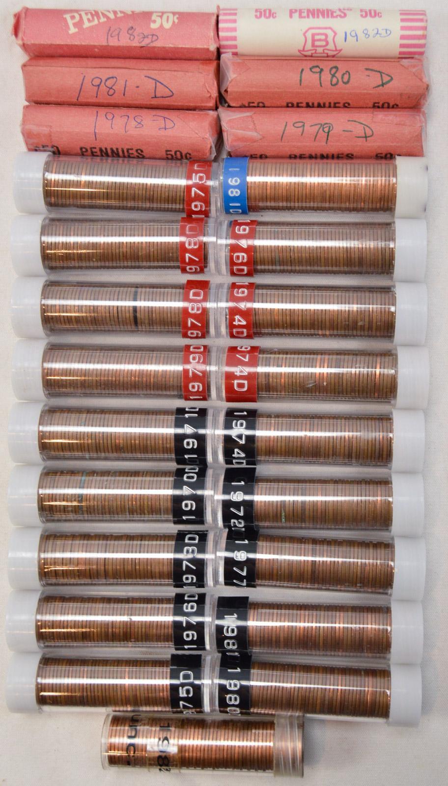 Lot of 25 Rolls of Pennies 1970-1982