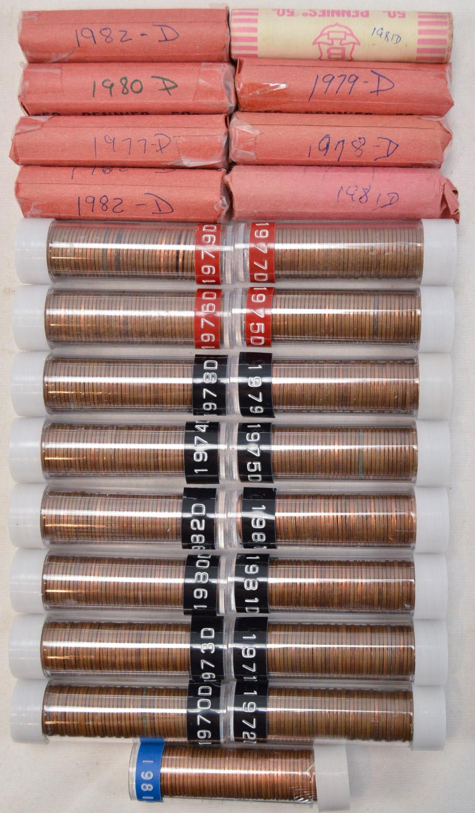 Lot of 25 Rolls of Pennies 1970-1982