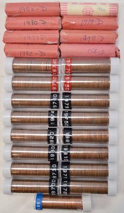 Lot of 25 Rolls of Pennies 1970-1982