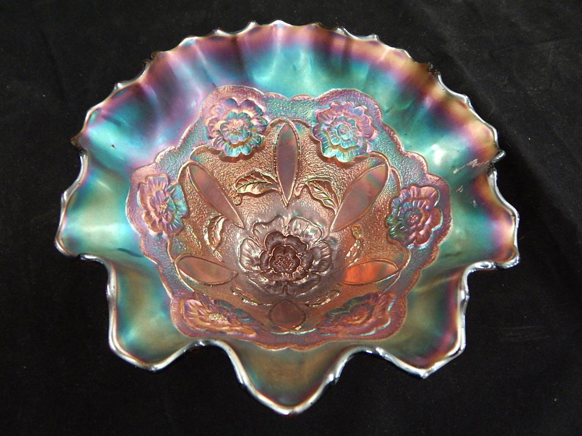 Attributed to Dugan Carnival Glass Ruffled Bowl with Flower Design