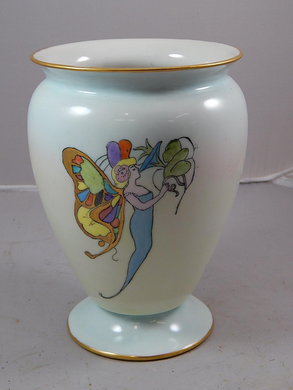 c. 1910 German Porcelain Multi Color Hand Painted Fairy Vase