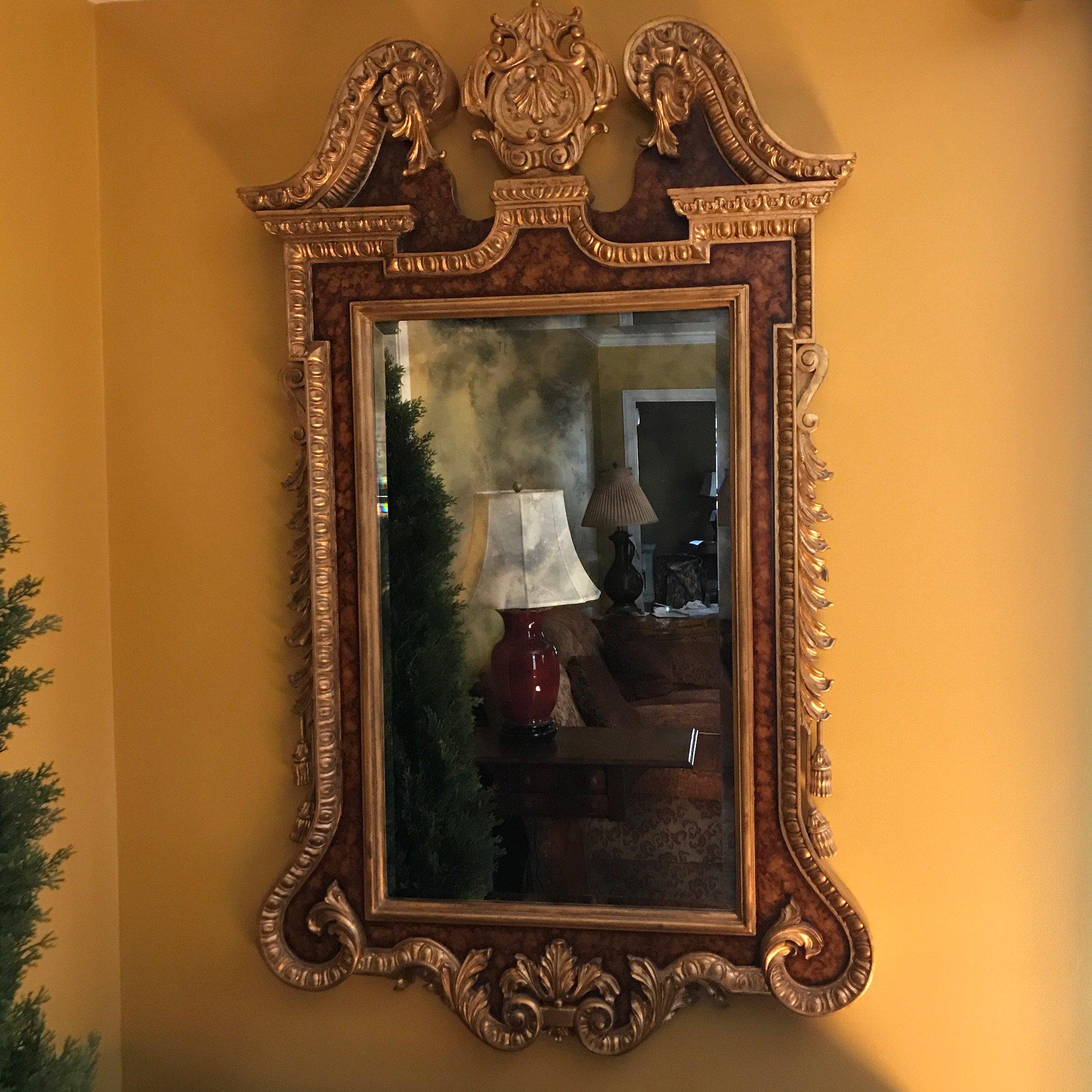 Impressive Beveled Mirror in Burled Wood Chippendale Gilt Frame with Ornate Gilt Accents