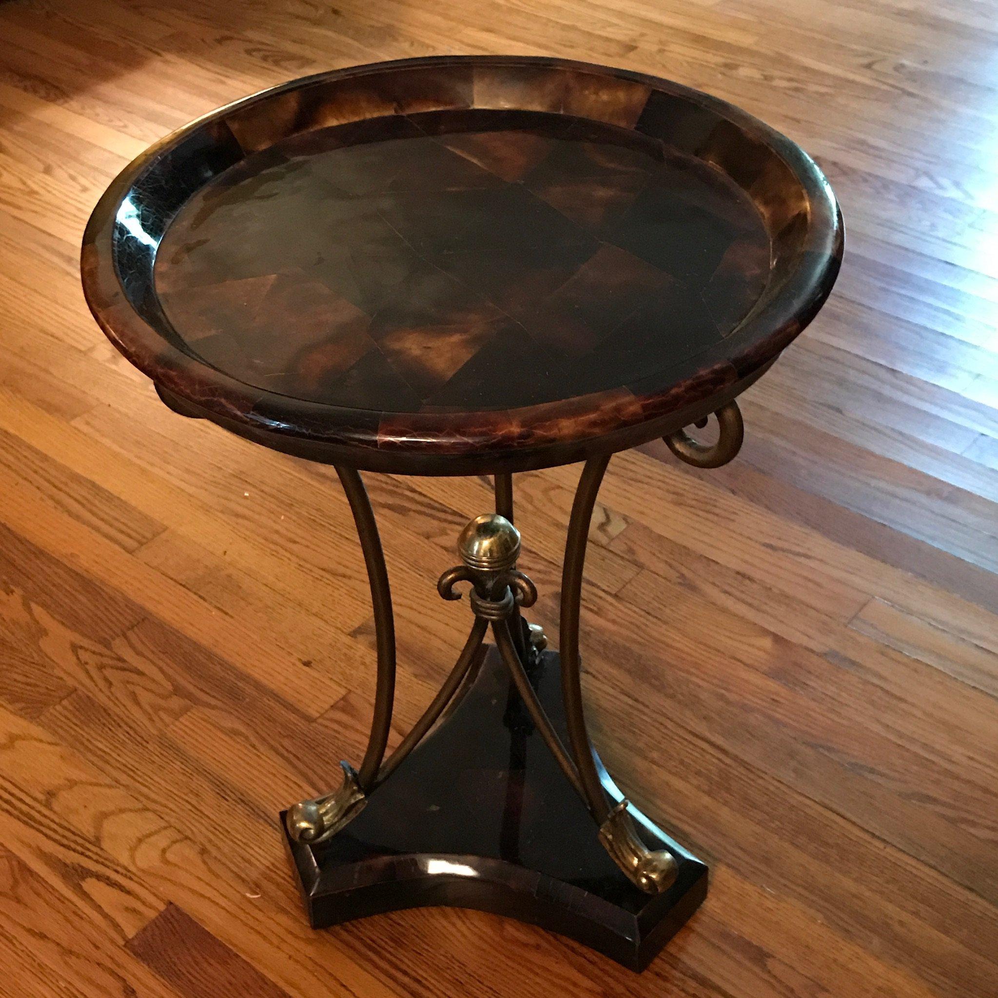 Impressive Unique Wooden Side Table w/Marble Overlay, Tortoise Shell Mosaic Design & Brass Pedestal