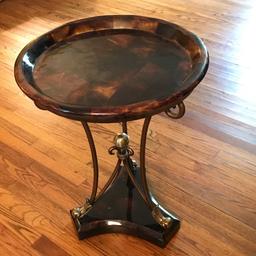 Impressive Unique Wooden Side Table w/Marble Overlay, Tortoise Shell Mosaic Design & Brass Pedestal