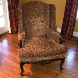 Nice Tall Wingback Chair w/Hand Carved Legs and Cheetah Print