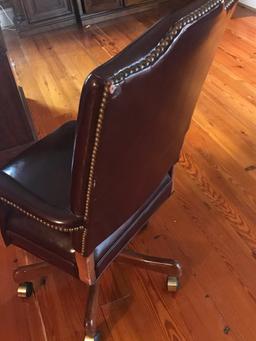 Rolling Office Chair w/ Wood Arms & Base and Leather Upholstered Back, Arms & Seat with Brass Brads