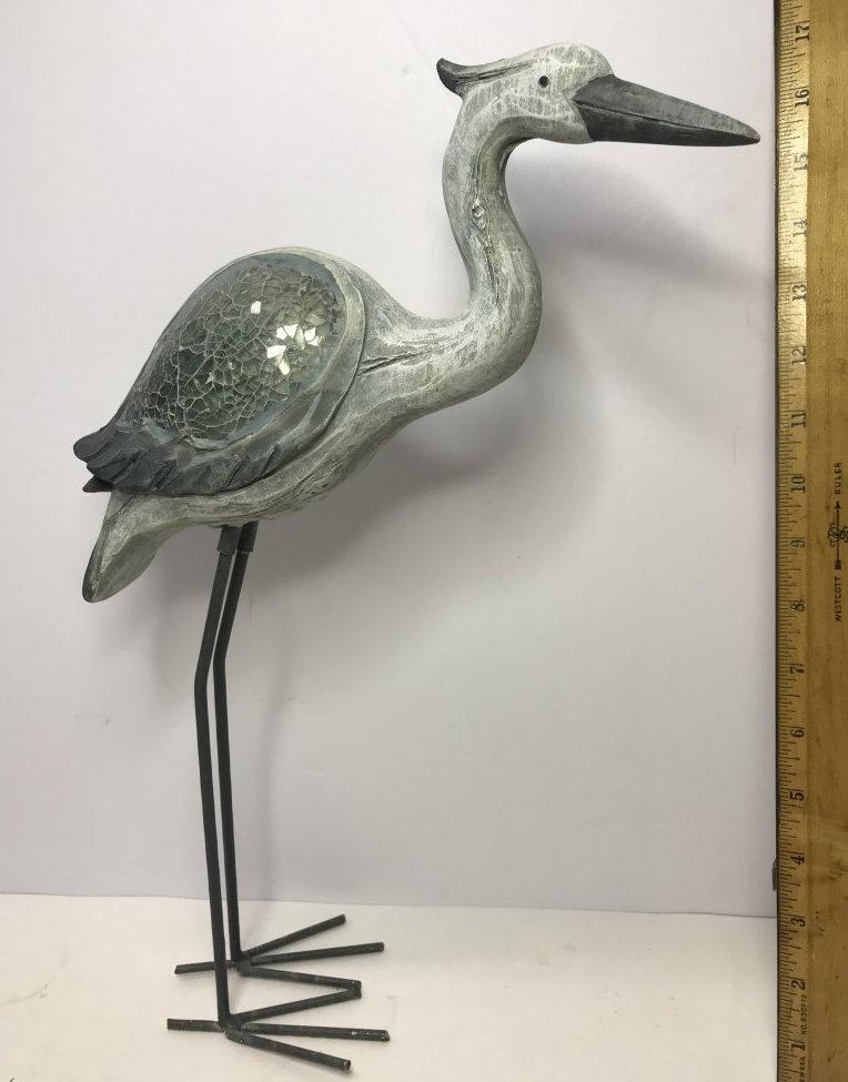 Adorable Carved Wood Crane with Clear Glass Inlaid Wings