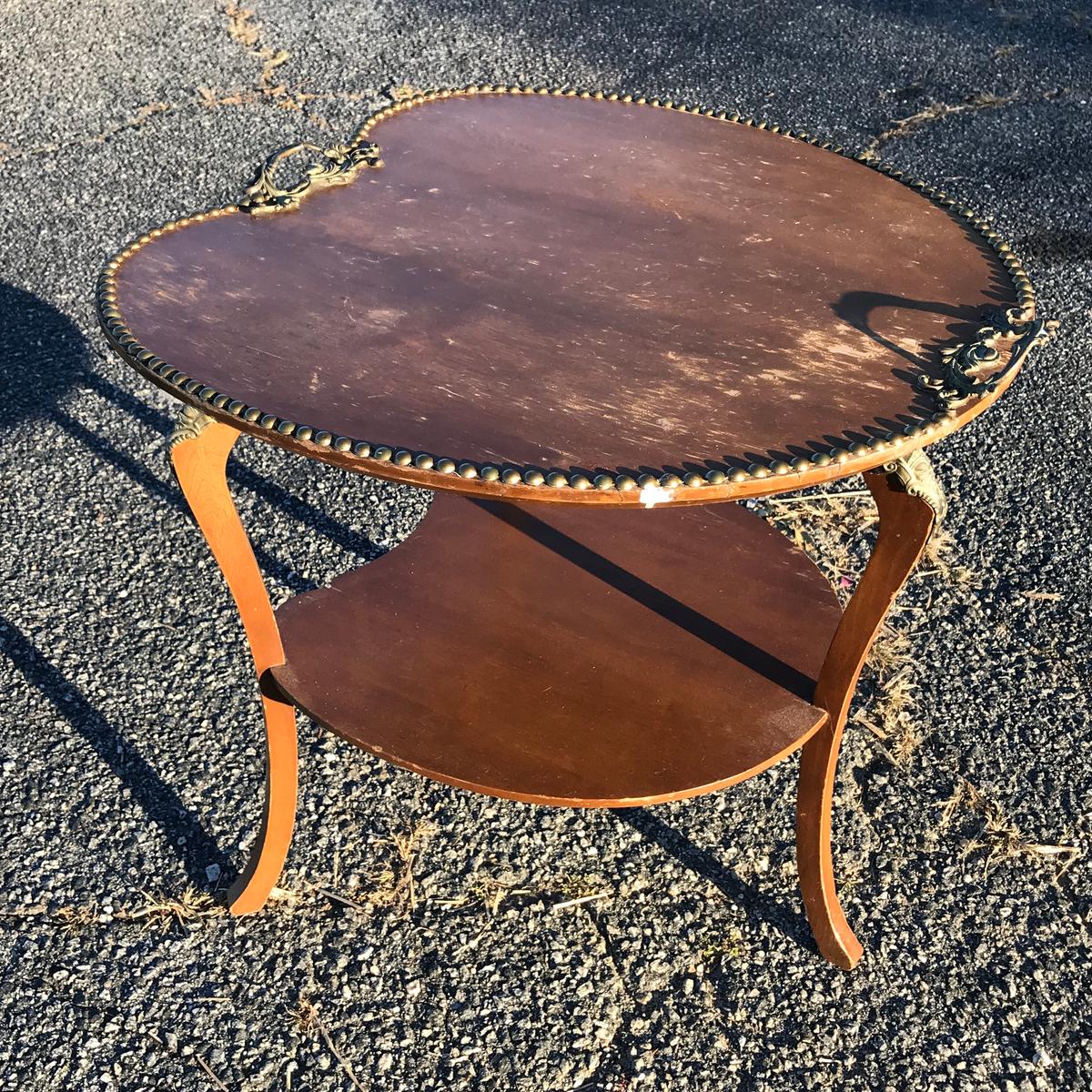 Unique Antique Wooden 2 Tier Table with Brass Tacking & Handles