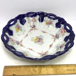 Vintage Porcelain Cobalt Floral Encrusted Gold Ruffled Bowl