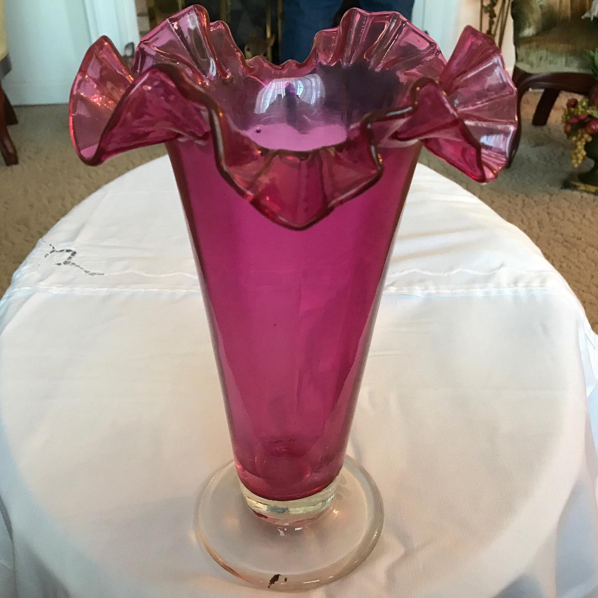 Tall Vintage Cranberry Ruffled Top Vase