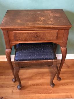 Vintage Wooden Sewing Cabinet w/Bench with "Dressmaker" Sewing Machine