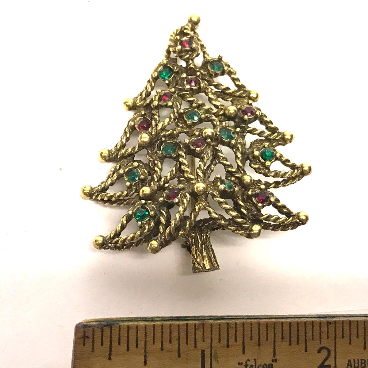 Pretty Gold Tone Christmas Tree Pin Signed Jeanne