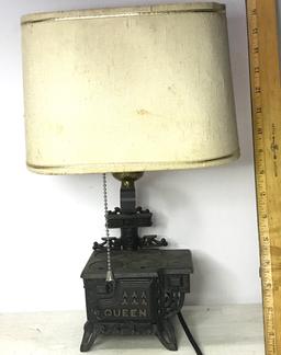 Vintage Cast Iron "Queen" Miniature Stove Converted Table Lamp w/Pull Chain