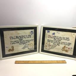 Pair of Vintage Needlepoint Pictures "Now I Lay Me Down To Sleep" & "Now I Wake to see the Light.."