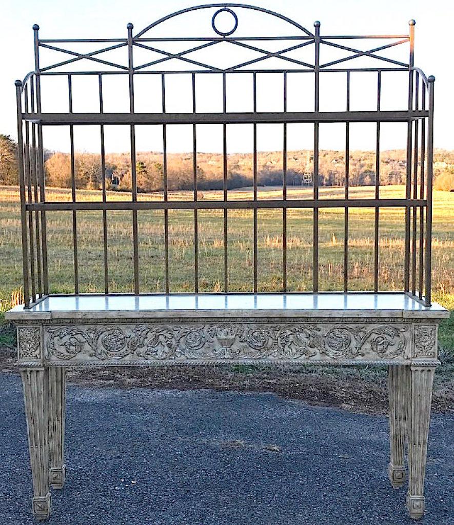 Large Impressive 2 Pc. Bakers Rack w/Ornate Carvings & Wrought Iron Rack w/Glass Shelves