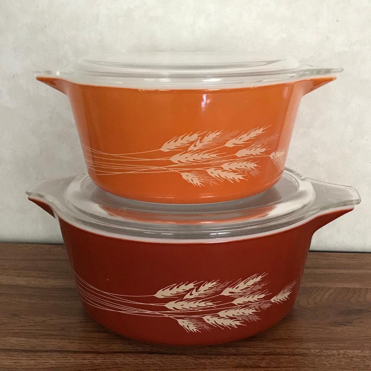 Set of Pyrex Vintage Casserole Dishes with Wheat Design