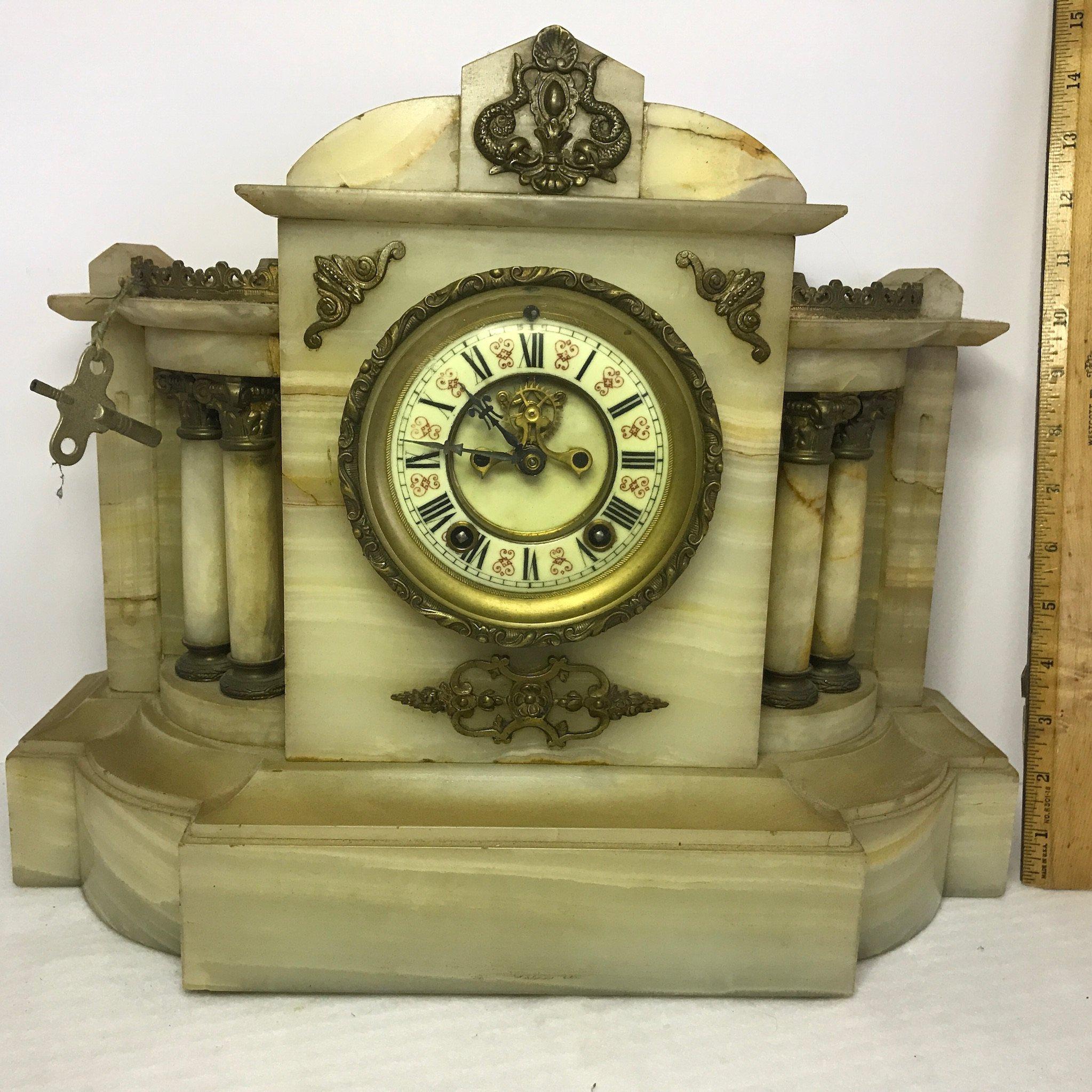 1882 Marble Mantle Clock w/Brass Appliques & Accent by Ansonia Clock