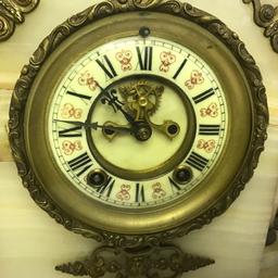 1882 Marble Mantle Clock w/Brass Appliques & Accent by Ansonia Clock