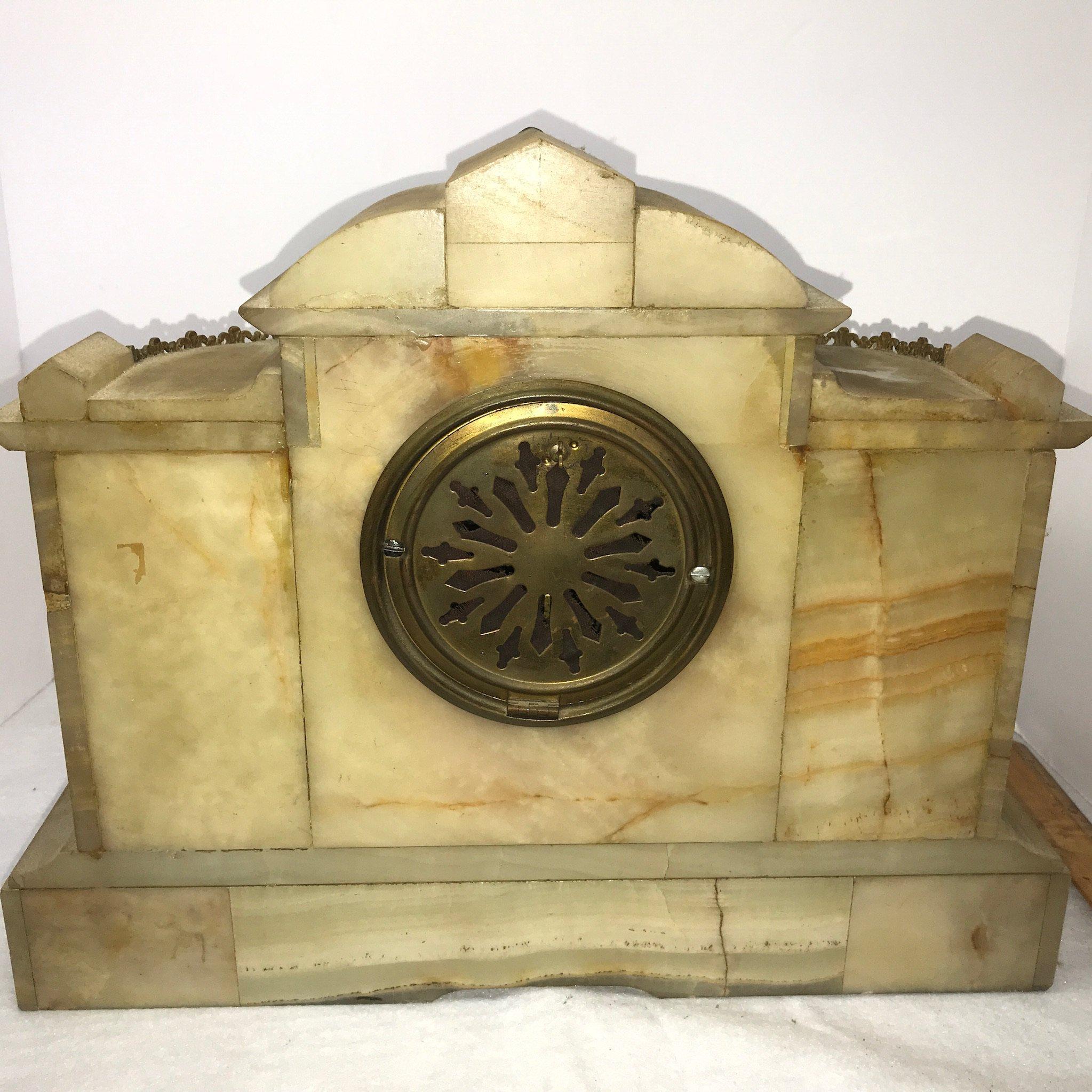 1882 Marble Mantle Clock w/Brass Appliques & Accent by Ansonia Clock