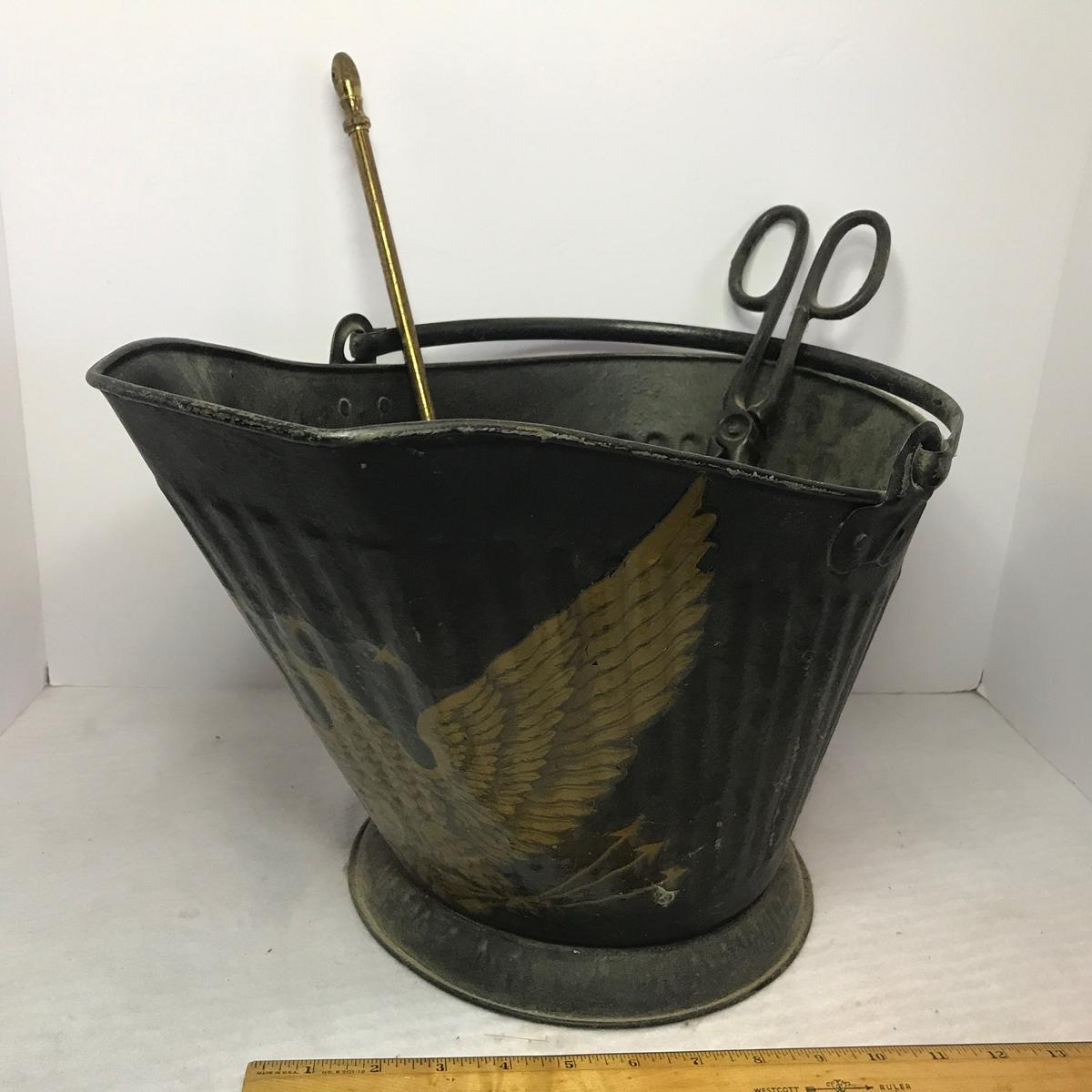 Vintage Metal Ash Bucket w/Gold Eagle & Accessories