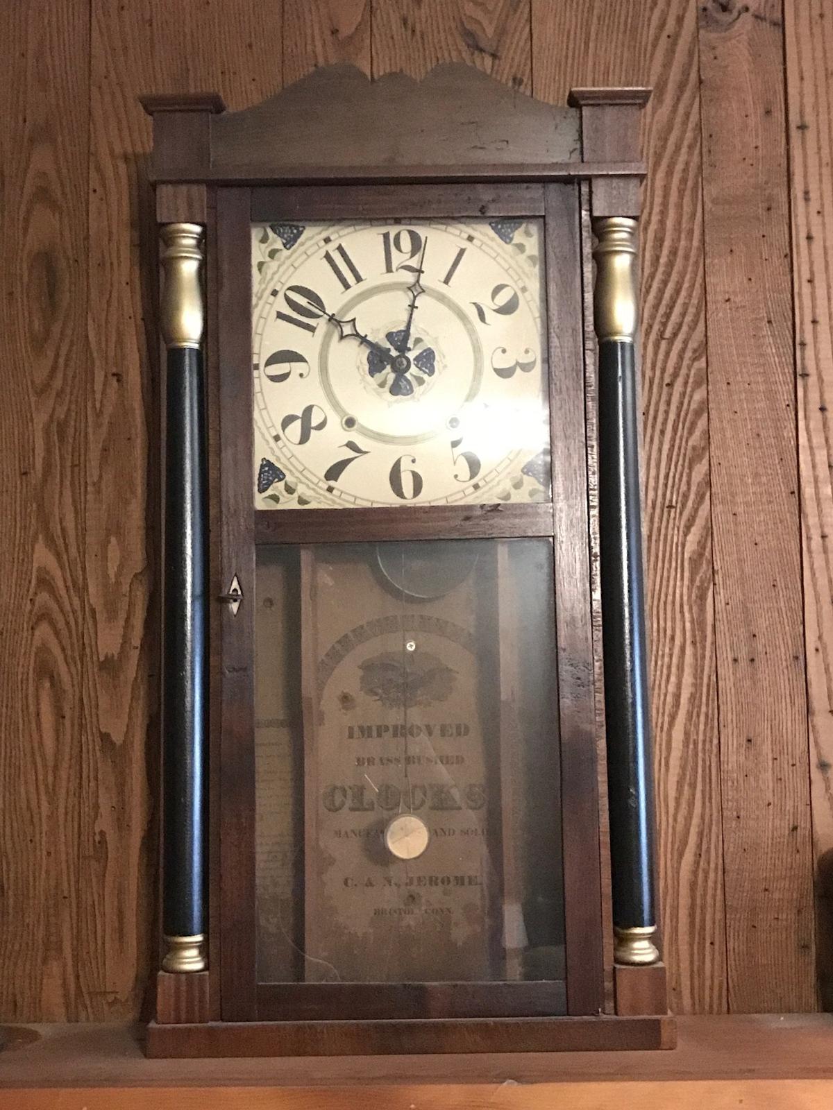 Antique C & N Jerome Brass Bushed Wall Mantle Clock w/Key - Bristol, CT