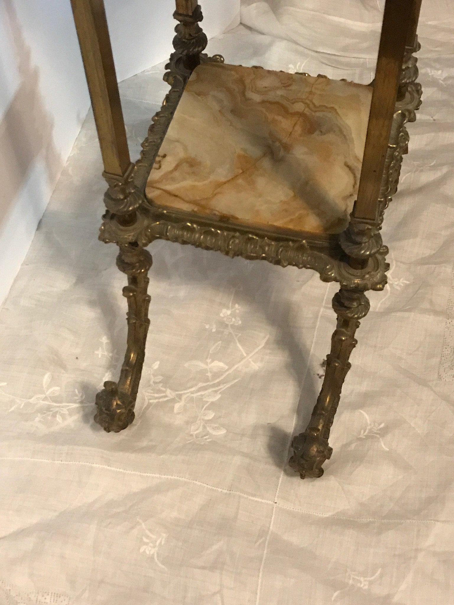 Antique Heavy Ornate Brass "Old Man Winter" 2-Tier Accent Table with Marble Top & Shelf