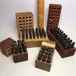 Lot of Antique Number & Letter Stamps in Wooden Cases